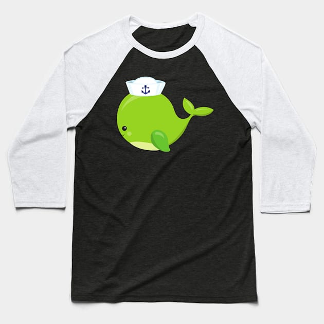 Sailor Whale, Cute Whale, Baby Whale, Green Whale Baseball T-Shirt by Jelena Dunčević